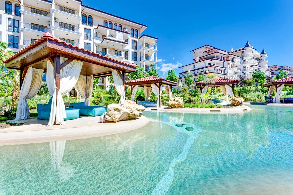 View of the pool water and buildings